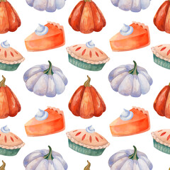 Watercolor autumn Halloween pattern with pumpkin pie, blue pumpkin and orange pumpkin