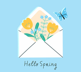 Vector illustration of an open envelope with flowers inside and a butterfly. Spring greetings concept in modern flat style.