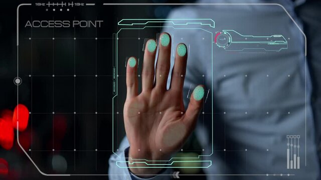 Biometric hand scan process allow user access identifying personality close up