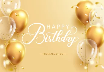 Fotobehang Birthday greeting vector design. Happy birthday text in golden background with gold balloons and confetti elements for elegant birth day celebration decoration. Vector illustration.  © ZeinousGDS