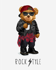 Obraz na płótnie Canvas rock style slogan with bear doll in leather jacket holding coffee cup vector illustration