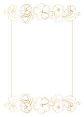 Rectangular frame-template, decorated on the top edge with sakura, cherry, almond flowers. Bright shining golden gradient color on a white background. Place for your text.