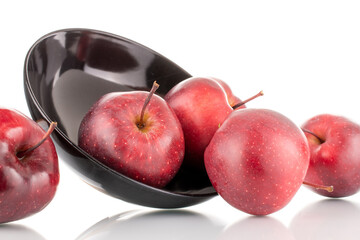 Several organic sweet red apples in a black ceramic plate, close-up, isolated on white.