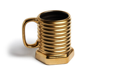 Golden cup shaped like a big bolt with handle isolated on white background. Copy space for tex
