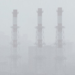 A city in the rain. The pipes of the factory. Factory chimneys in a white fog. The pipes of the factory. Poor visibility. Soft focus.