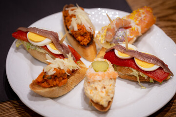 Variety of Tapas in a Restaurant in Santiago the Compostela, Spain.