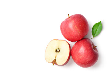 Flat lay of Fresh red Apple fruit with cut in half isolated on white background.