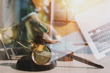 Law firm office, Selective focus judges gavel, businesswoman or female lawyer making contract paper with law book, scales of justice, document legal, justice advice service concept.