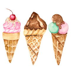 Watercolor illustration. A set of ice creams in waffle cups with syrup and chocolate. Sweet colorful desserts
