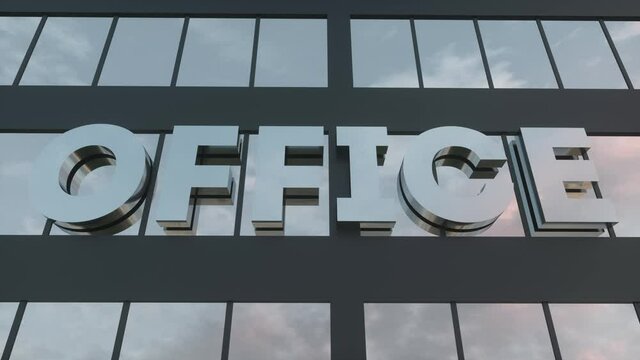 Office sign on a modern glass skyscraper. Office glass building