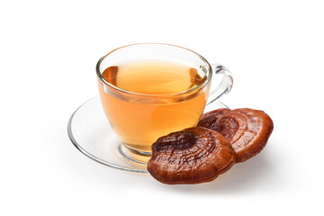 Red Reishi Mushroom (Lingzhi) tea isolated on white.