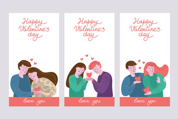Fototapeta premium Couple in love hugging with many hearts. Vector design set for Valentines Day 