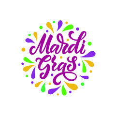 Mardi Gras meaning Fat Tuesday lettering card. Hand drawn text. Modern brush ink calligraphy with  feathers avd beads. Typography design for greeting card, poster, banner. Vector illustration