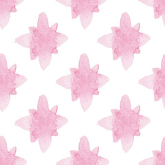 Seamless pattern with hand-drawn watercolor abstract pink flowers on white. Simple geometric background