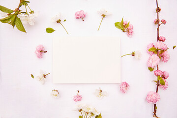 Naklejka na ściany i meble Spring white and pink flowers and stationery card. Romantic, wedding, birthday, invitation, mother's day mock up card concept. Copy space