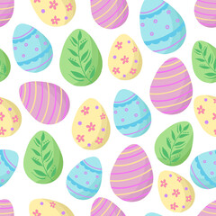Easter eggs seamless pattern. Vector Illustration for printing, backgrounds, covers, packaging, greeting cards, posters, stickers, textile, seasonal design. Isolated on white background.