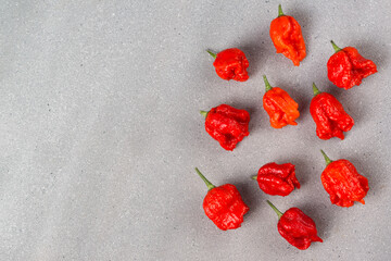 Several pods of the world's hottest pepper of the California Reaper variety lie on a gray stone....