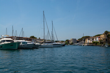 Fototapeta na wymiar View on small houses and sailboats in Port Grimaud, French Riviera, Provence, France