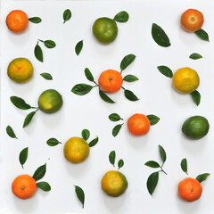 citrus background from fresh mandarins and limes flat lay top view