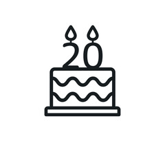 Birthday cake line icon with candle number 20. Vector.