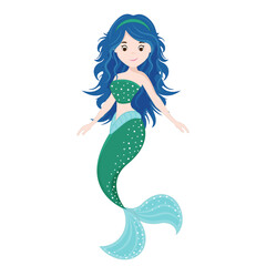 Happy and beautiful mermaid with blue hair on white background