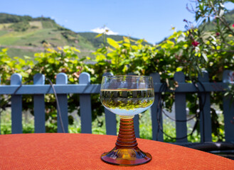White quality riesling wine served in yellow swirl wine glass on outdoor terrace in Mosel wine region, Germany - obrazy, fototapety, plakaty