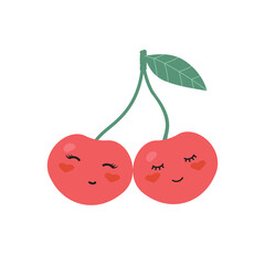 vector illustration of cute branch cherry, doodle flat cherry on white background. icon mulberry character couple in love cherry berries
