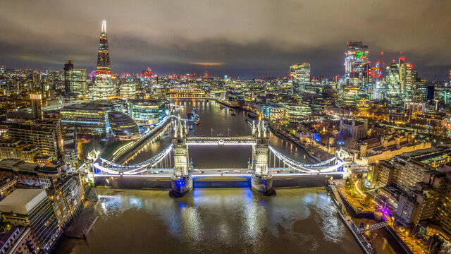 Aerial images showing Tower Bridge, River Thames and the City of London