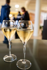 Tasting of brut champagne sparkling wine during visit caves in champagne house in Reims, France