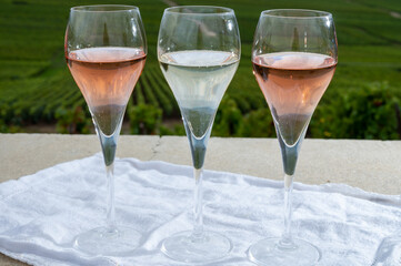 Glasses of white and rose brut champagne wine and view on grand cru vineyards of  Montagne de Reims near Verzenay, Champagne, France