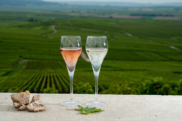 Glasses of white and rose brut champagne wine, firestones from vineyards soil and view on grand cru vineyards of Montagne de Reims near Verzenay, Champagne, France