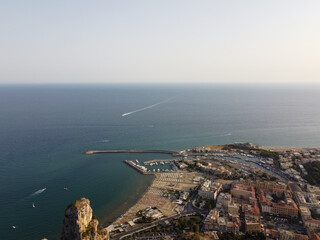 Aerial view on Terracina, mountains and  Tyrrhenian Sea bay, ancient Italian city in province Latina