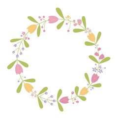 Wreath of flowers. Spring flowers frame. Vector illustration of tulips on white background.