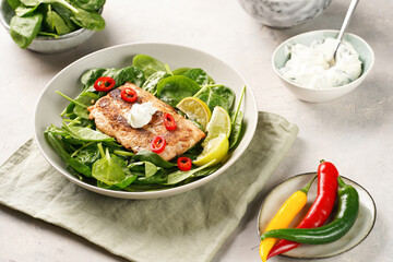 A plate with fresh green raw spinach and fried wild salmon, lime slices, cream cheese sauce, red chilli pepper on grey concrete surface