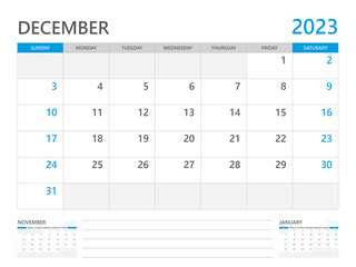 December 2023 year, Calendar planner 2023 and Set of 12 Months, week start on Sunday. Desk calendar 2023 design, simple and clean design, Wall calendar 2023, Corporate design planner template vector