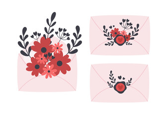 Envelope with flowers, leaves and branches. Love, romantic, Valentines day, wedding concept. Vector illustration