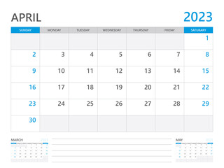 April 2023 year, Calendar planner 2023 and Set of 12 Months, week start on Sunday. Desk calendar 2023 design, simple and clean design, Wall calendar 2023, Corporate design planner template vector