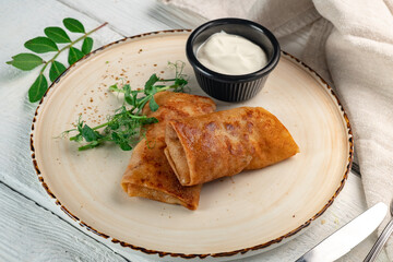 Fried pancakes with meat filling on a white plate. A dish of Russian cuisine - pancakes for breakfast with sour cream