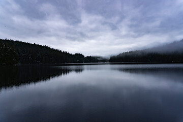 Dark winter lake on edge of foggy forest