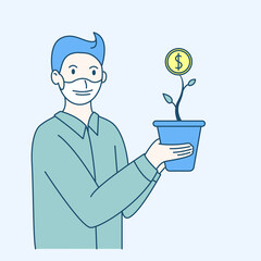 Young man in mask holds pot with plant with dollar coin. Concept of dealing with the economic crisis, small business, savings, investment, finance