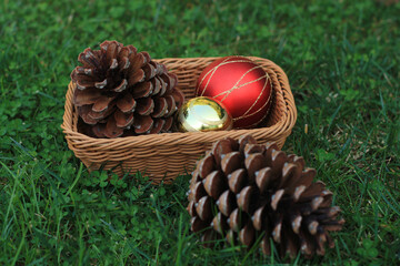 pine cones and Christmas balls in baskets on the grass.