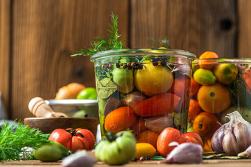 Fototapeta na wymiar Pickled Tomatoes. Vegetable Preservation. Healthy Homemade Pickle