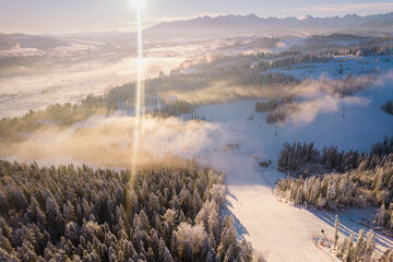 Sunny Cold WInter Day at Ski Slope in Tatra Mountains in Poland
