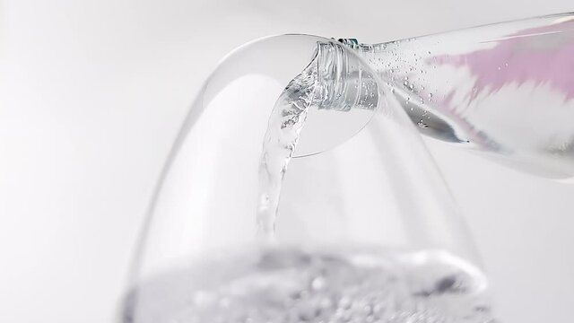 Mineral water from a glass transparent bottle is poured into a glass by a stream on a white background. 4K video close-up. stemmed wine glass