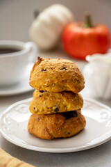 Pumpkin cookies with chocolate chips. Homemade cookies, ugly food concept.