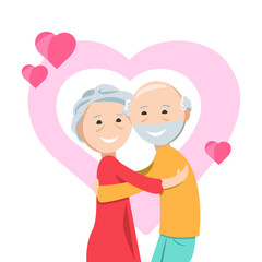 Happy elderly people concept, couple in love embracing. Love relationship, romance, retirement. Flat vector illustration for valentine day 