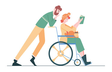 A girl in a wheelchair with a cat on her lap is reading a book. An interested male partner is nearby. Support and love in a difficult situation. Couple fighting disease together Vector illustration.