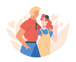 A loving couple in an embrace. Husband and wife on a romantic walk. Stylish bright characters. Vector flat illustration.