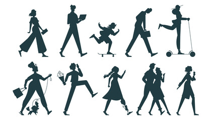 Silhouettes of walking people. Various poses and means of transportation. Vector flat illustration.