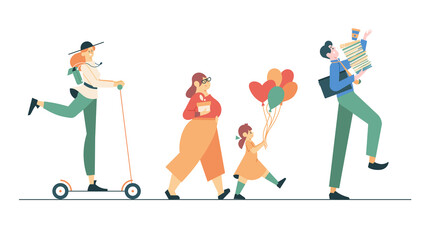 Fototapeta premium Walking people. Man, women and girl walk side profiles, people in casual clothes. Stylish colorful moving characters of different ages. Girl on a scooter. Vector flat illustration.